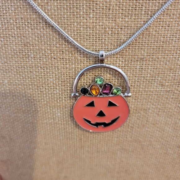 Jack O Lantern Pumpkin Halloween Bling Sparkle Necklace - Picture 3 of 9